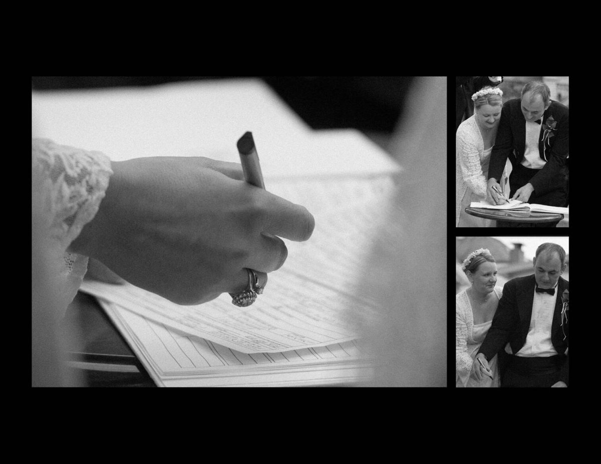 three photos in one. A couple signs their wedding certificate.